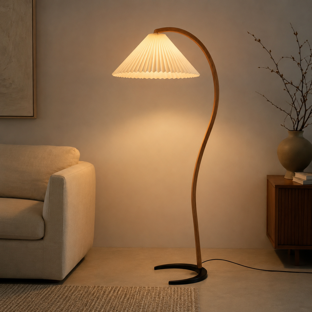 Caprani | Elegant Arc Beech Wood Modern Floor Lamp for Living Room