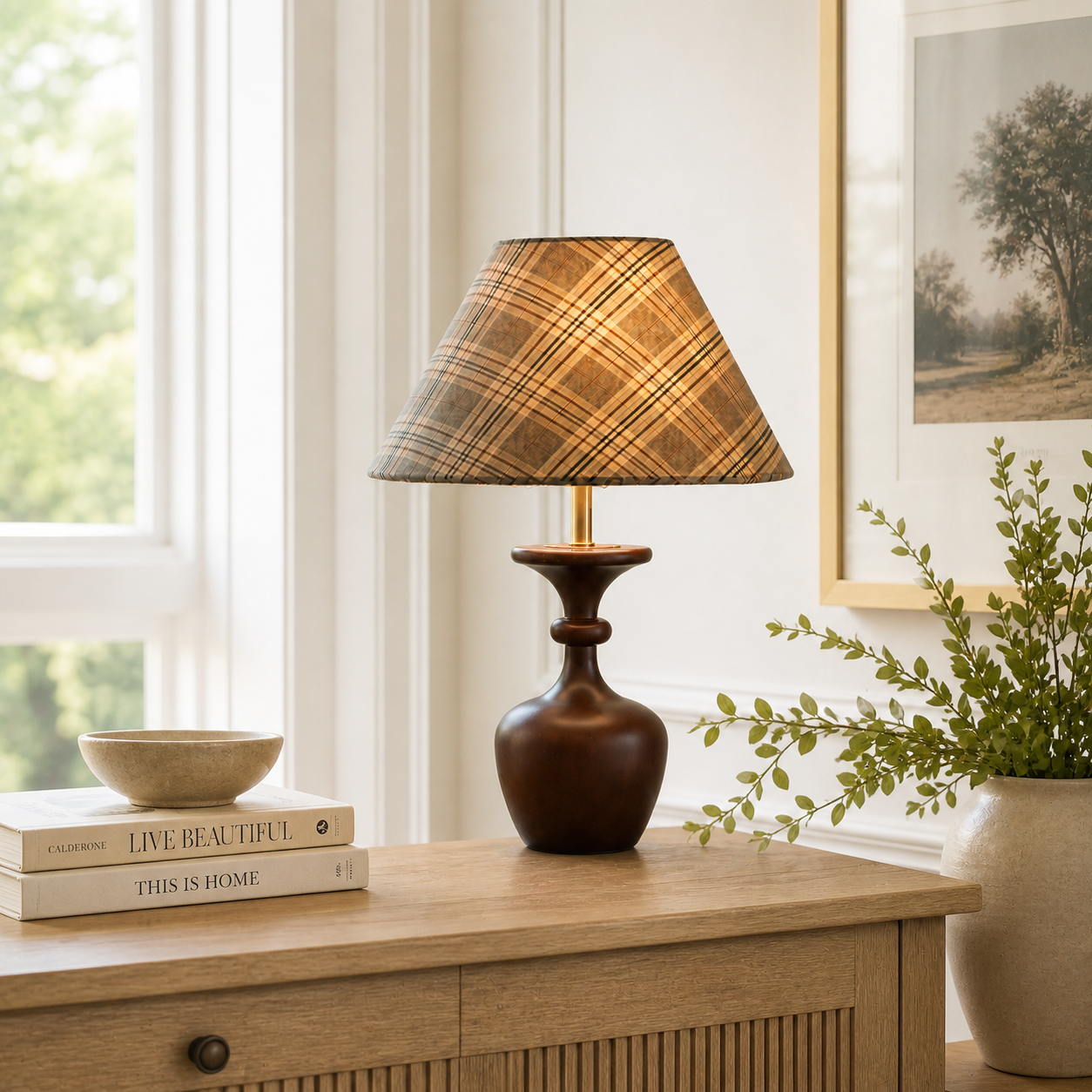 Elegant Conical Shade | Stylish Wooden Base Table Lamp for Living Room
