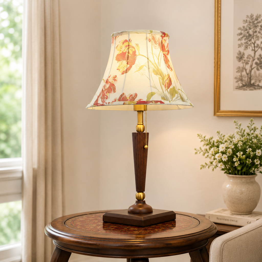 Floral Elegance | Sophisticated Walnut Base Table Lamp for Bedroom