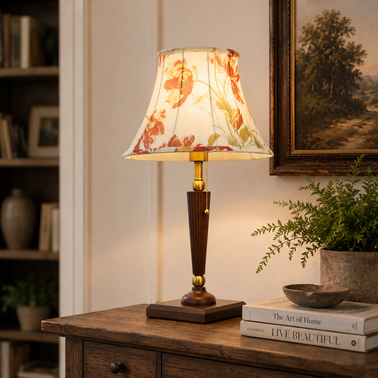 Floral Elegance | Sophisticated Walnut Base Table Lamp for Bedroom