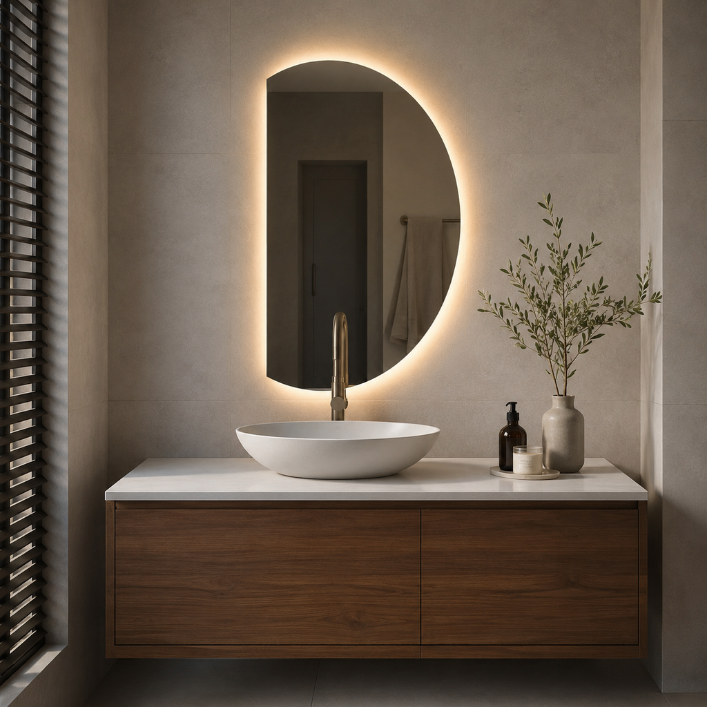 Stylish Organic Half Moon Smart LED Mirror For Bathroom And Living Area