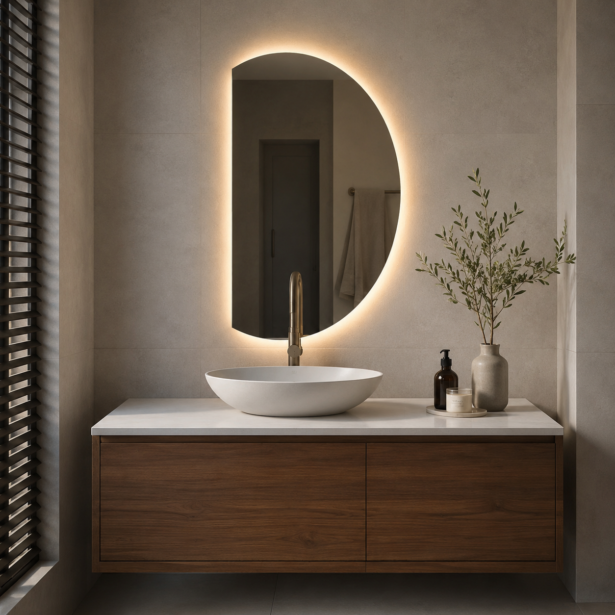 Stylish Organic Half Moon Smart LED Mirror For Bathroom And Living Area