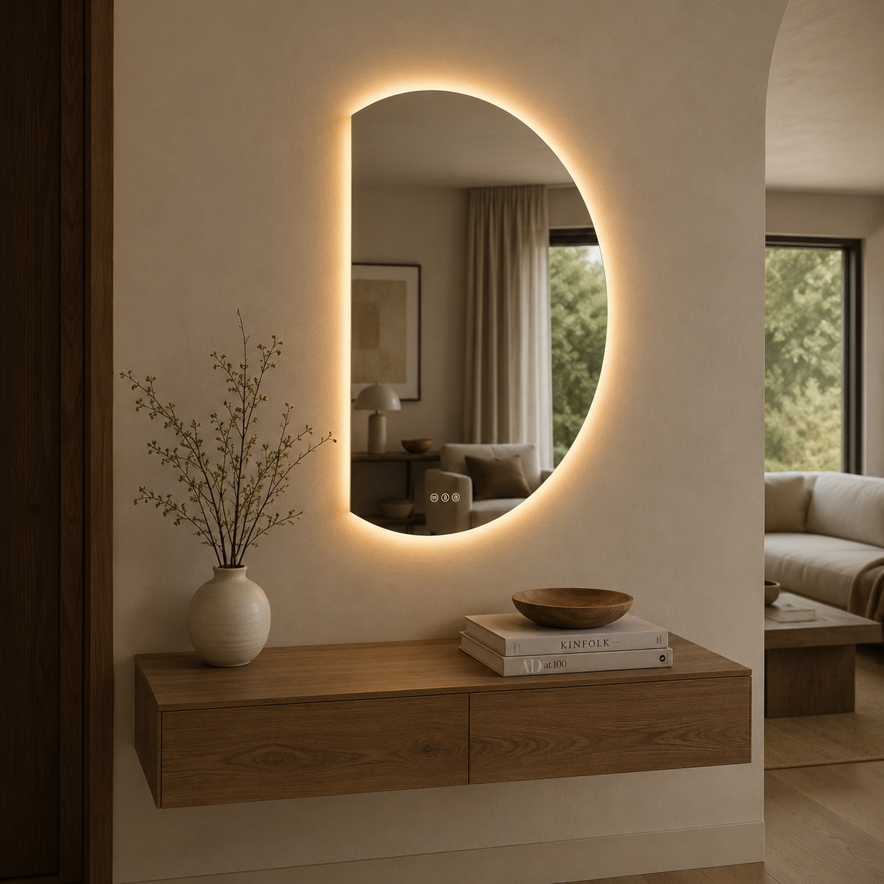 Stylish Organic Half Moon Smart LED Mirror For Bathroom And Living Area