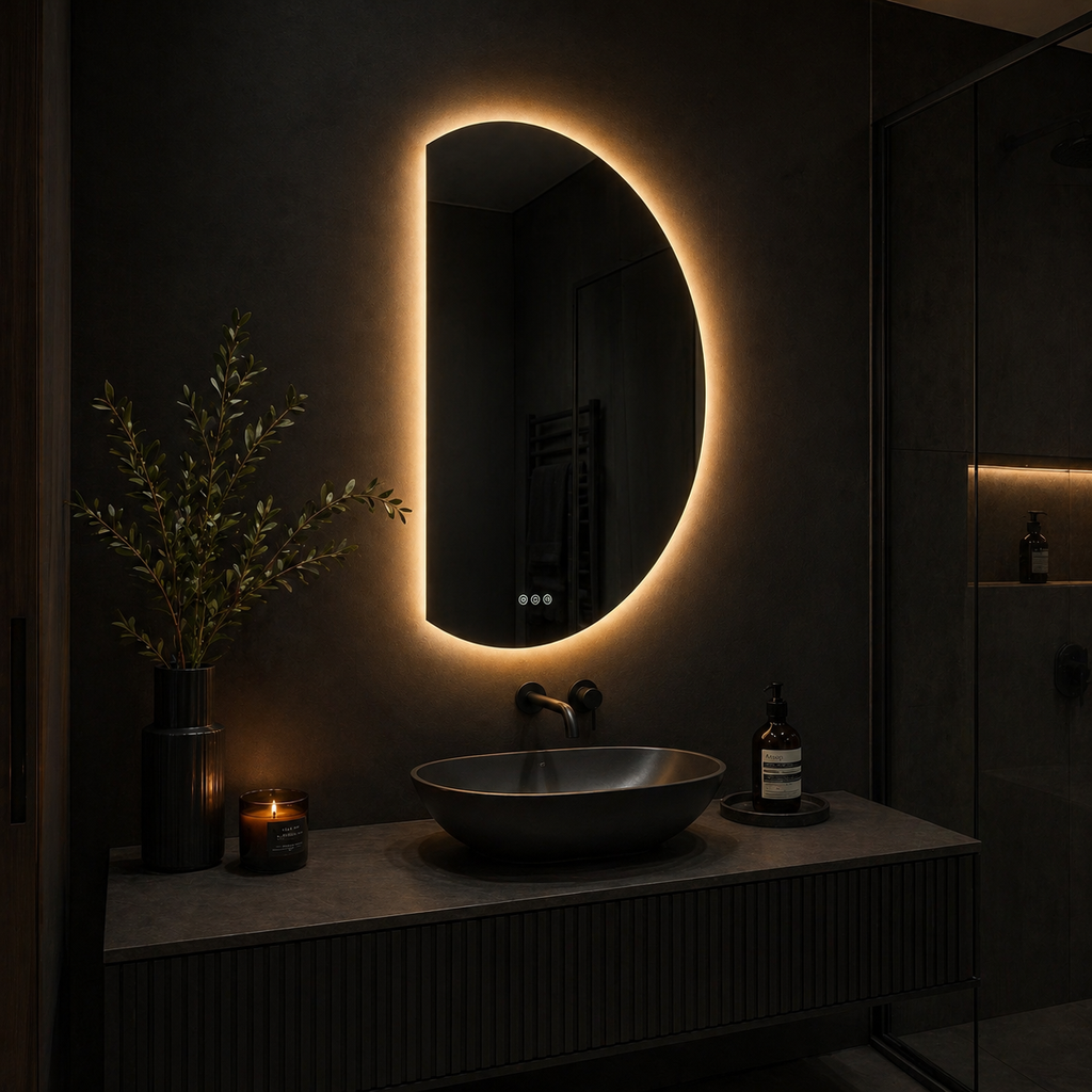 Stylish Organic Half Moon Smart LED Mirror For Bathroom And Living Area