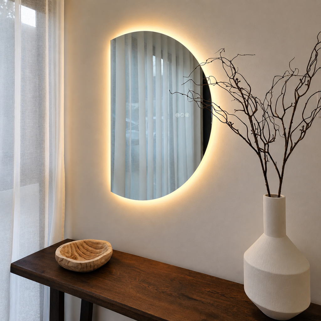 Stylish Organic Half Moon Smart LED Mirror For Bathroom And Living Area